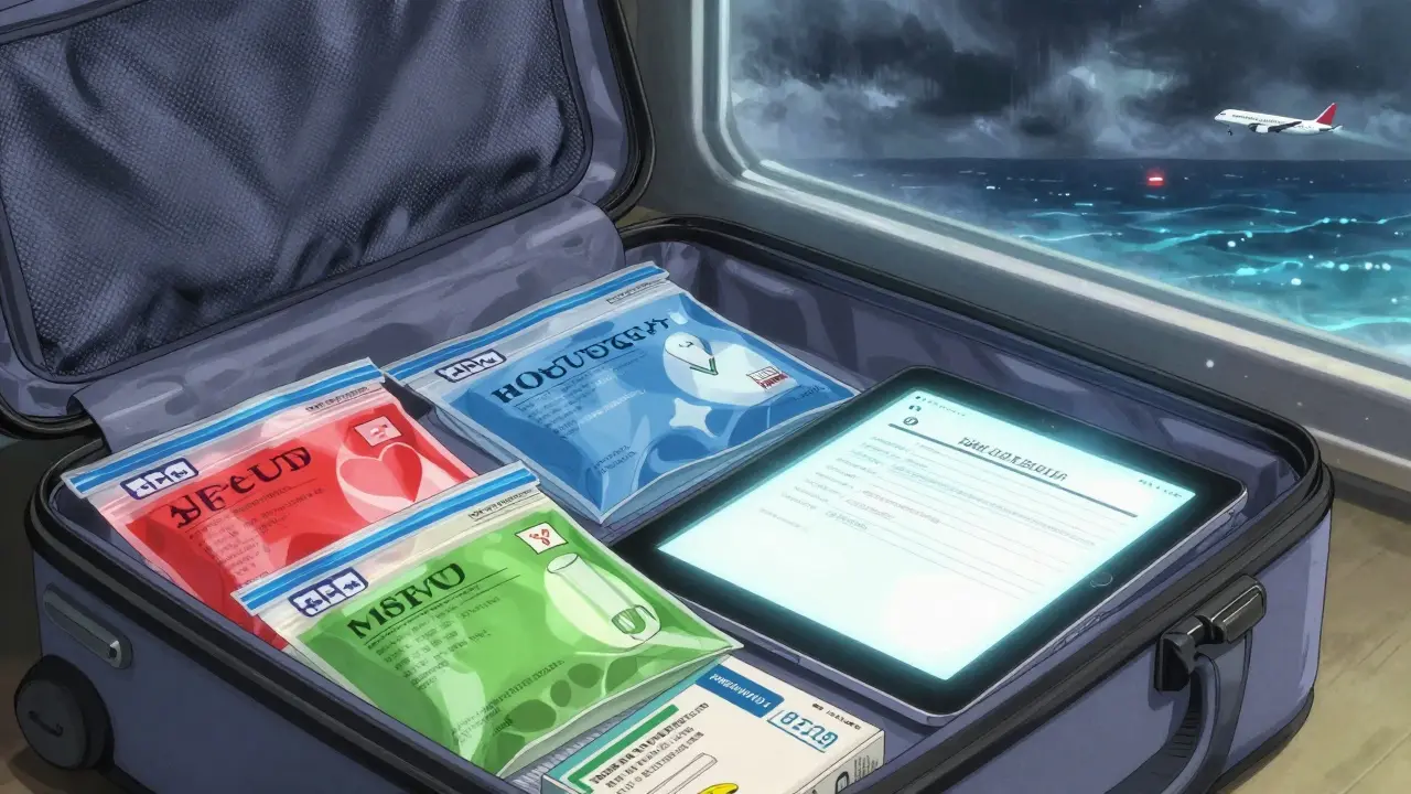 Color-coded medication bags open in a travel case beside a digital doctor’s note, with stormy seas and an airplane in the background.