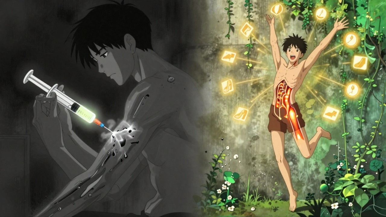 Contrasting figures: one turning brittle from injection, the other leaping with vibrant, reinforced tendon.