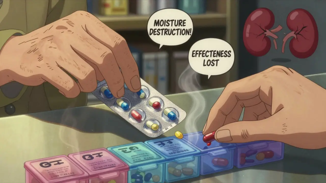 Elderly hand removing dabigatran from blister pack while avoiding pill organizer, with warning visuals.