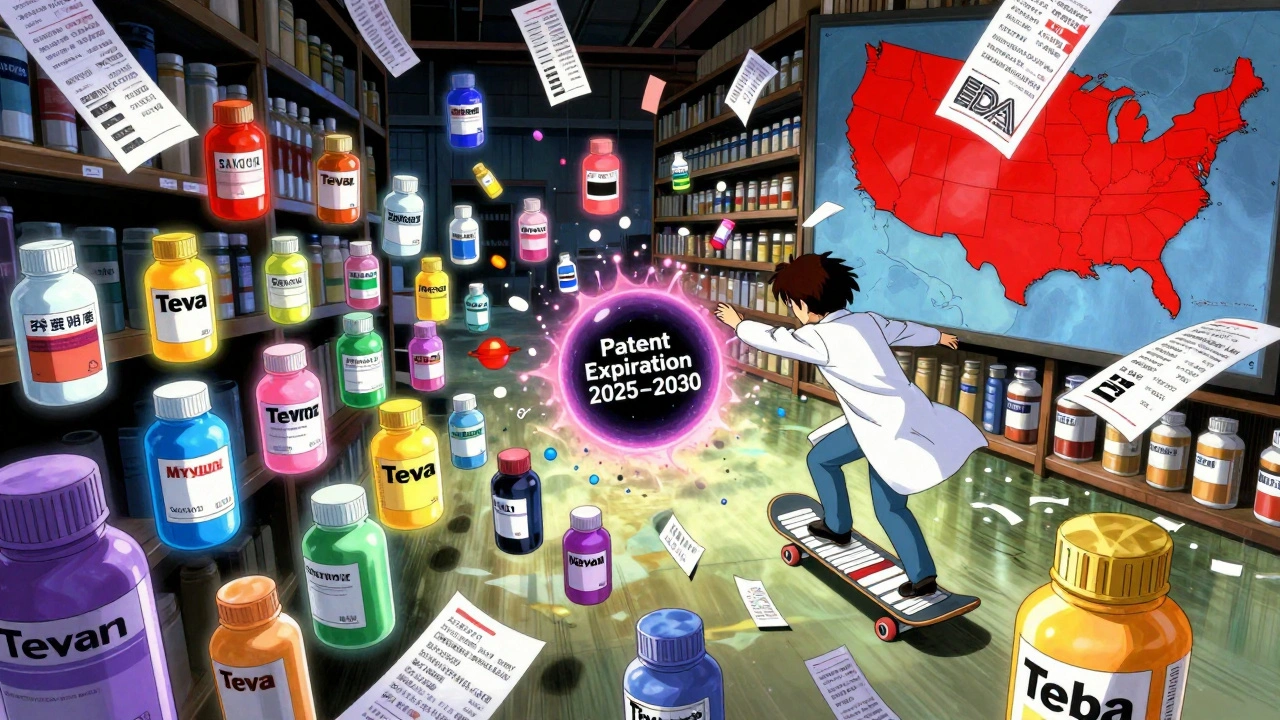 Floating generic drug bottles orbiting a patent expiration black hole, a pharmacist riding a prescription skateboard.