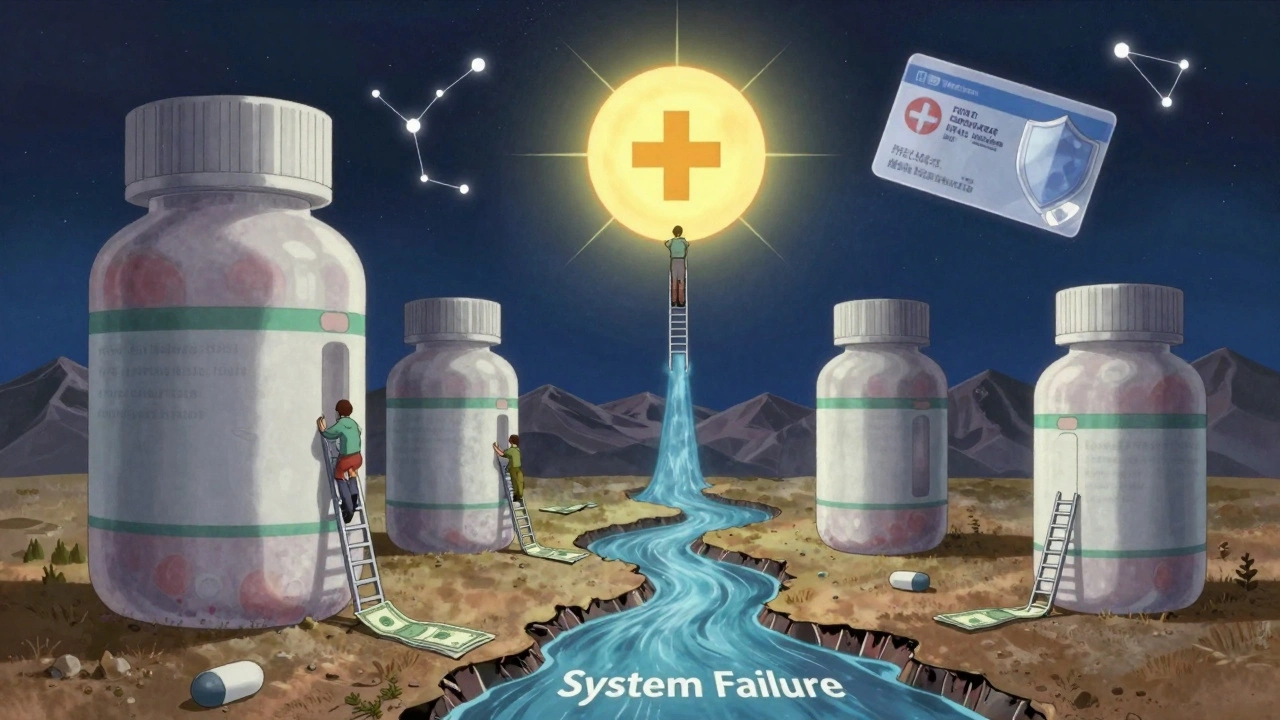 Giant pill bottles form a mountain as tiny figures climb discount ladders toward a pharmacy-shaped sun.