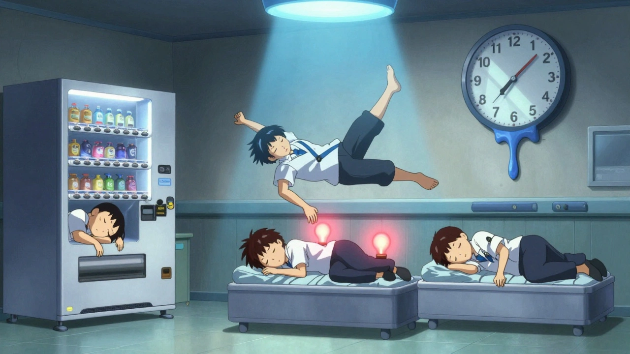 Night-shift workers nap in absurd poses in a hospital break room, with a melting digital clock and glowing red lights above them.