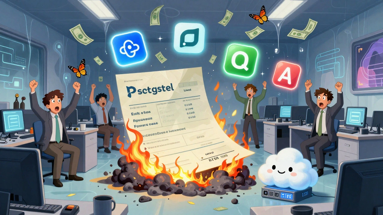 Office workers celebrate as expensive software licenses burn, replaced by glowing open-source icons in a melting room.