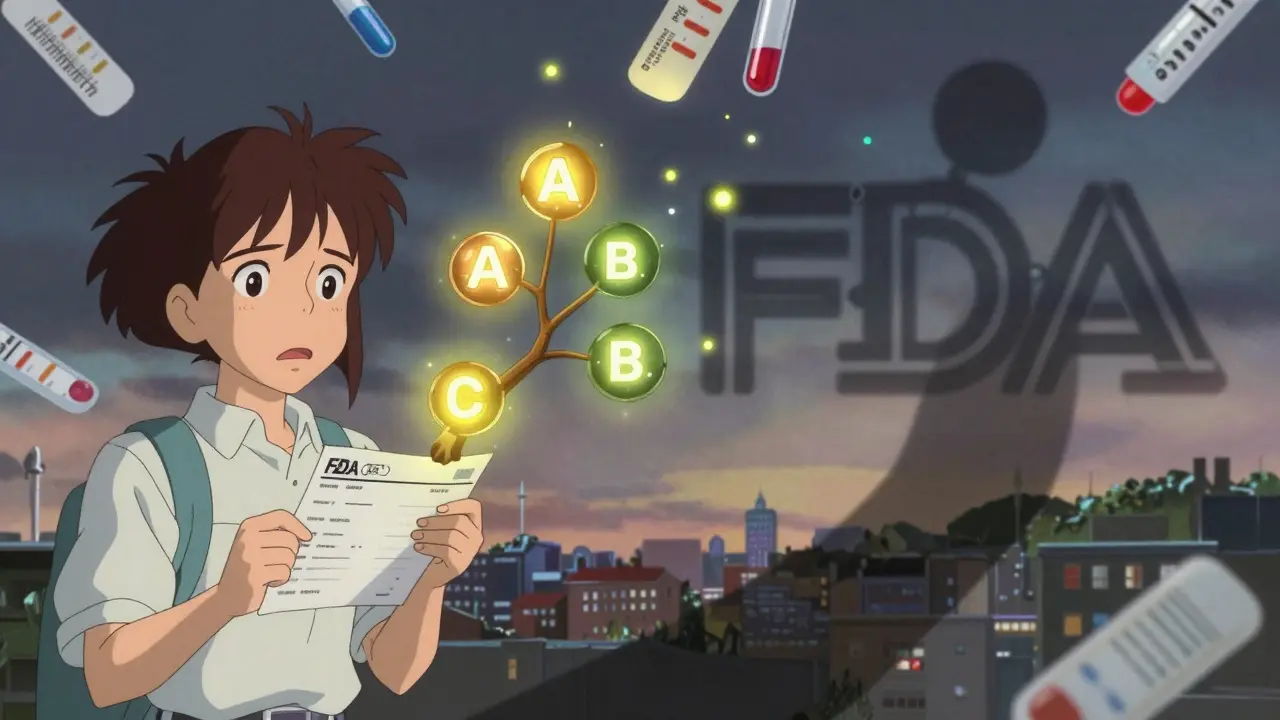 Patient holding prescription that turns into a tree of drug codes with glowing A and flickering B ratings.