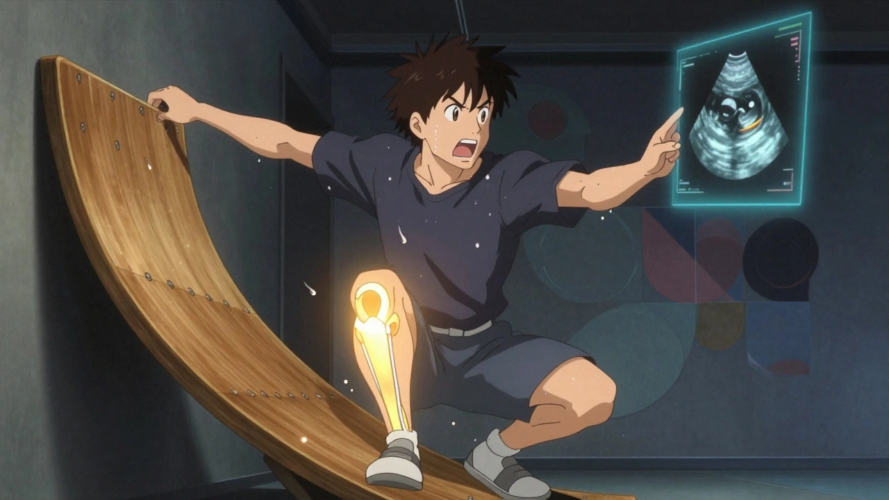 Person doing decline squat with illuminated patellar tendon and floating ultrasound showing tissue repair.