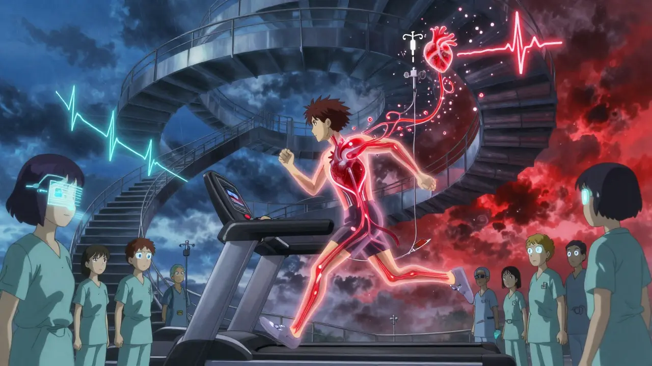 Person running on an endless treadmill as their heart glows under stress