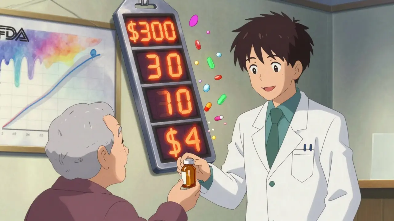 Pharmacist handing a low-cost pill bottle to an elderly patient as prices plummet in fiery numbers.