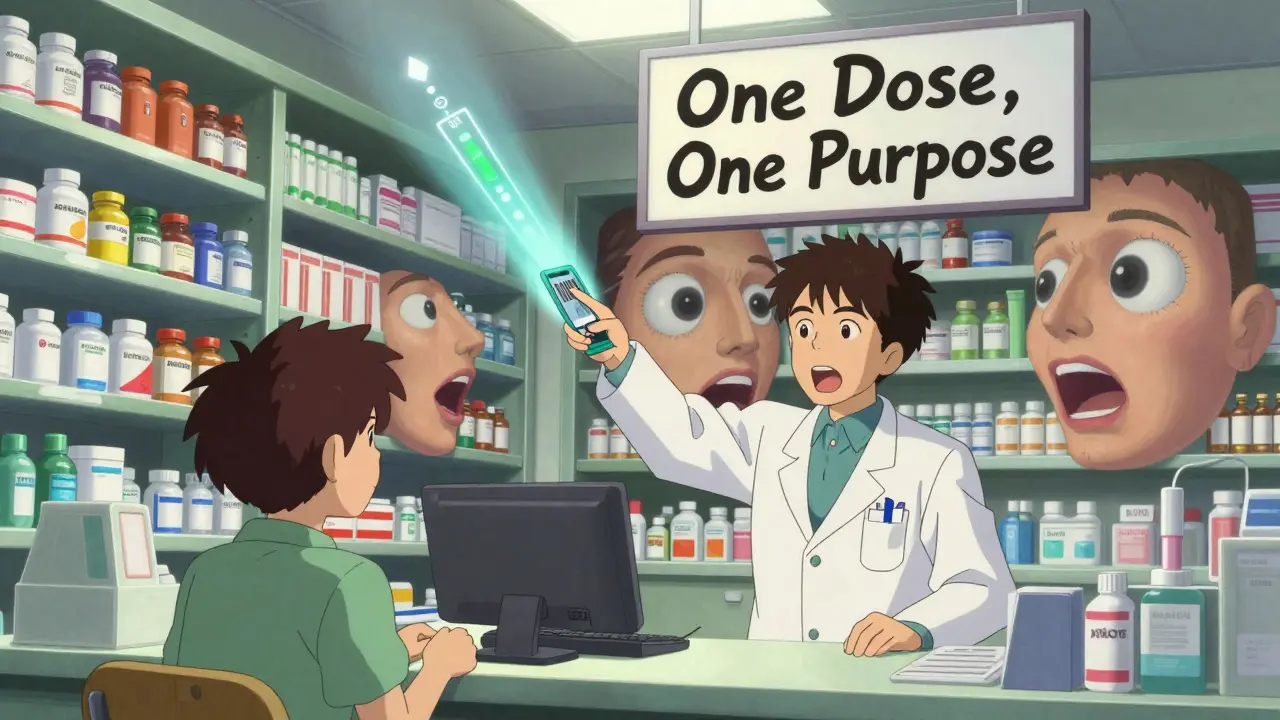 Pharmacist pointing at a phone app showing dangerous acetaminophen total, medicines morphing into whispering faces.