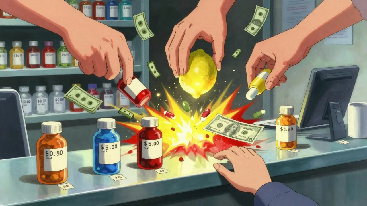 Pharmacy counter exploding with floating pills and giant wholesaler hands squeezing cash from a single pill.