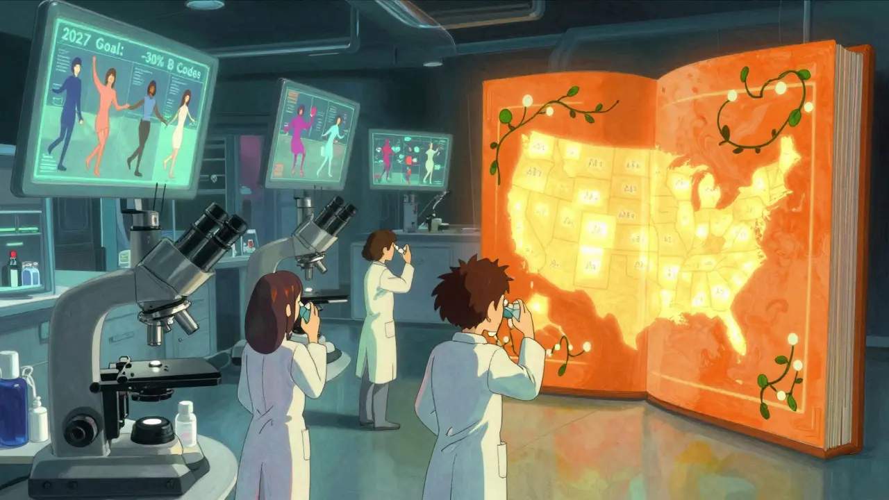 Scientists analyzing inhalers with giant microscopes projecting patient data as dancing silhouettes.