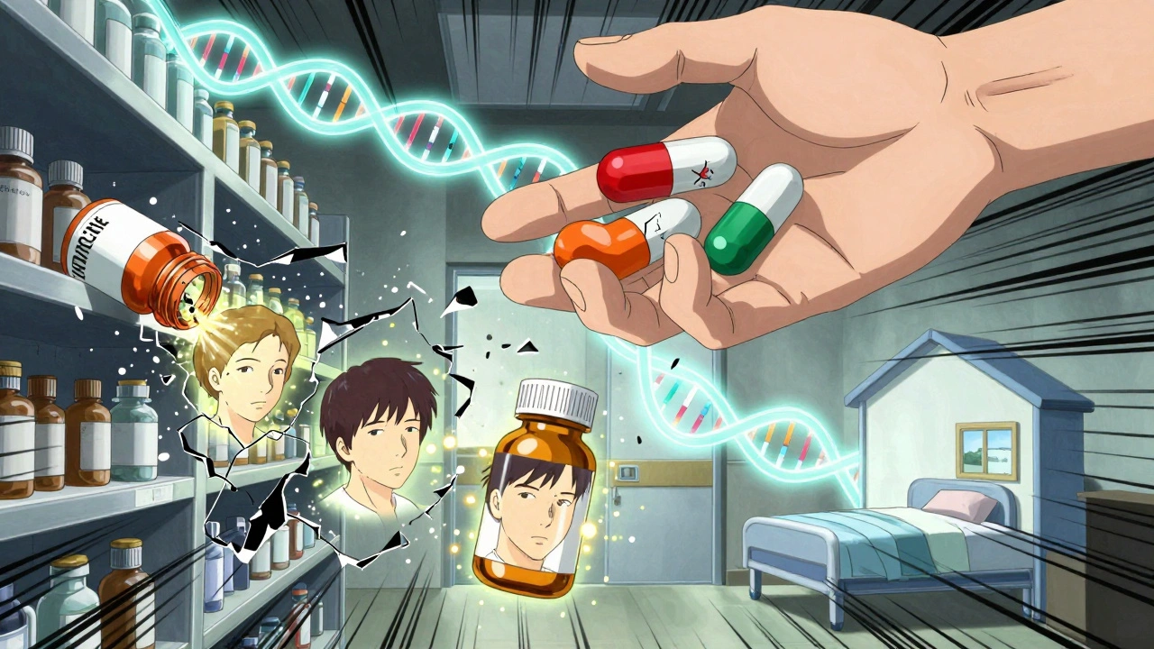 Shattered colchicine bottles release ghostly faces as three antibiotics hover above, one serene, two crumbling, with a DNA helix splitting paths.