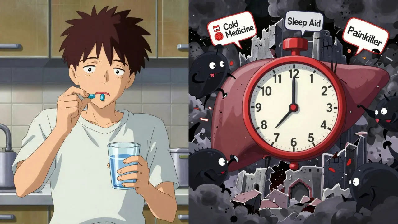 Split scene of someone taking multiple pills while their liver is attacked by dark monsters, with warning clock ticking.