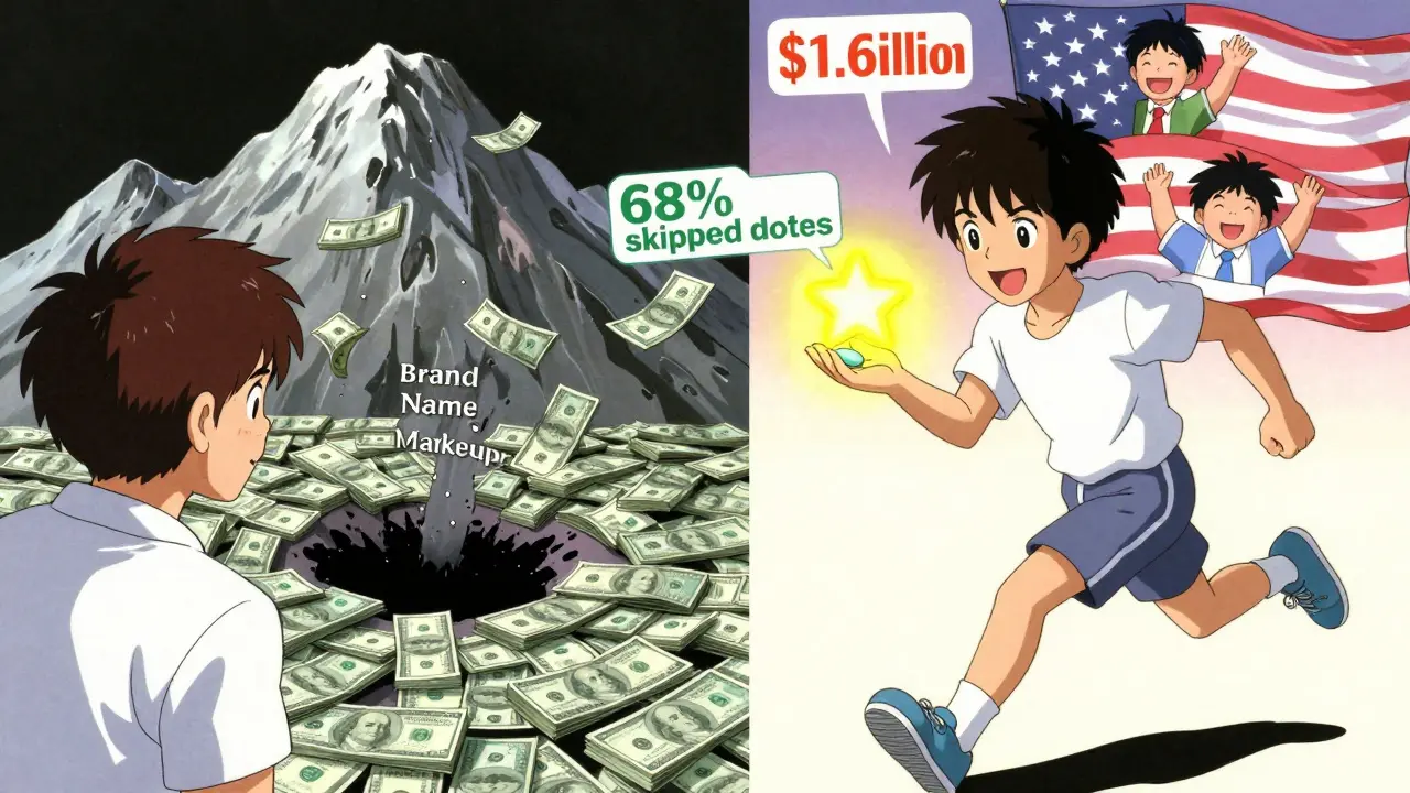 Split scene: patient losing money to brand markup vs. same person jogging with a glowing generic pill.