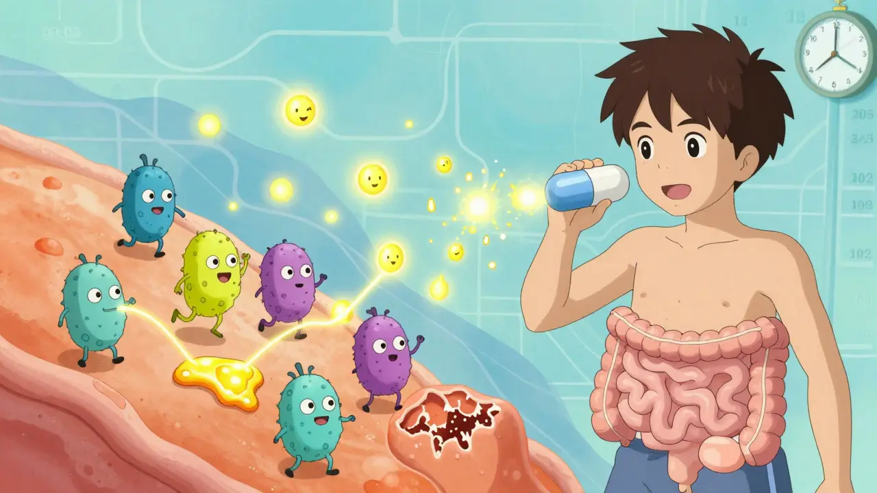 Teen taking probiotic as friendly microbes repair gut lining and shrink belly fat in dreamy animation style.