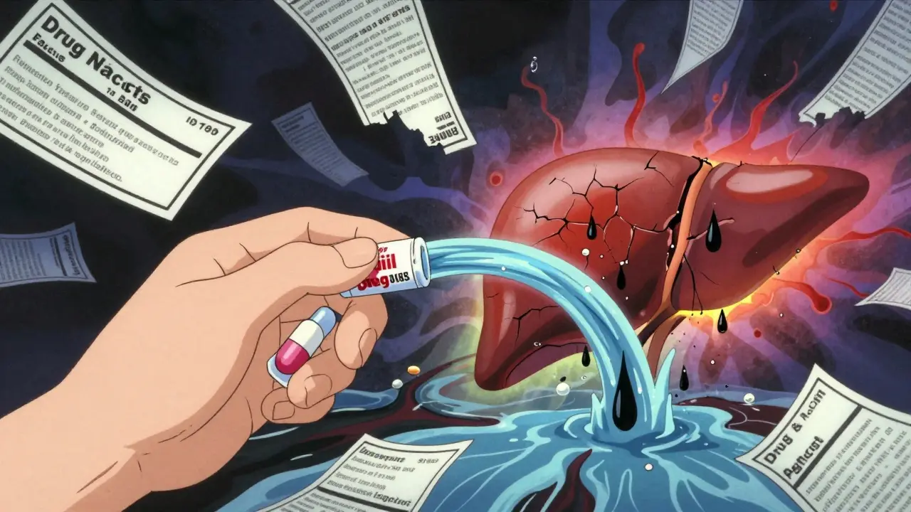 Two pills merging into a toxic river flowing toward a crumbling liver, symbolizing acetaminophen overdose.