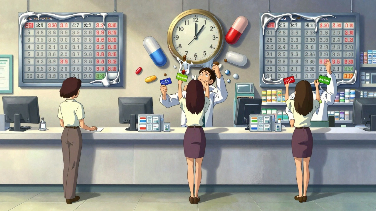 Woman at pharmacy counter with three shadow versions holding different discount cards, prices melting around her.