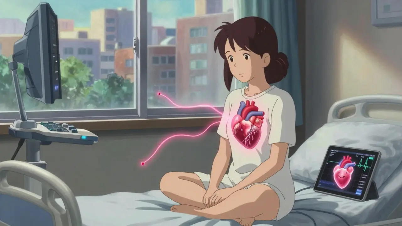 Woman with a projected 3D heart showing microvessels in calm hospital room