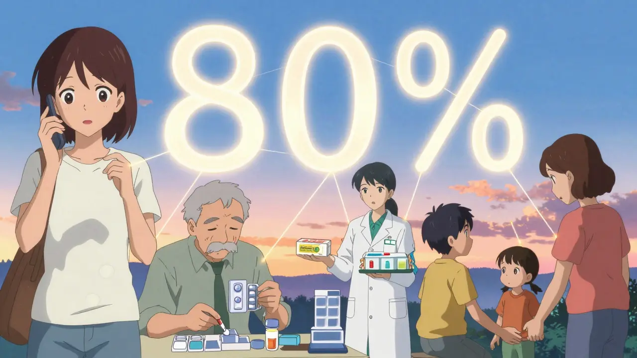 A colorful scene of people using pill organizers, alarms, and pharmacist support, connected by glowing threads forming the number 80% in the sky.