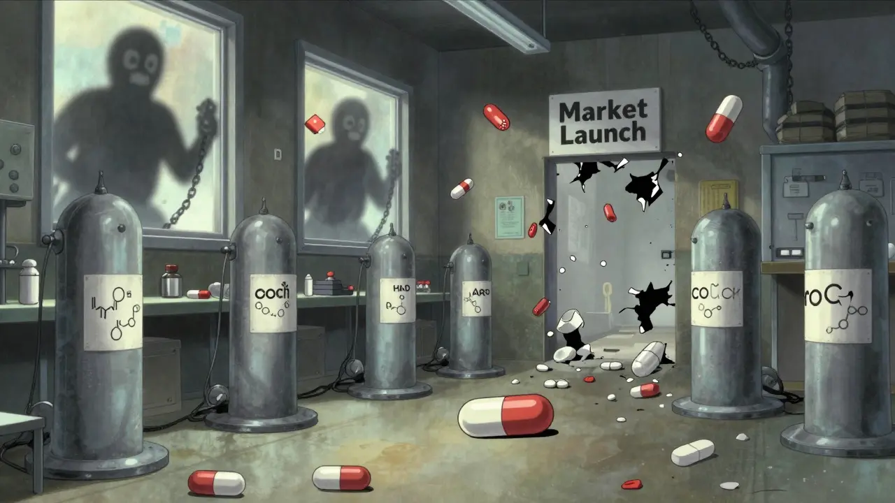A distorted generic drug factory with looming patent chains and unstable pills, struggling to reach market.