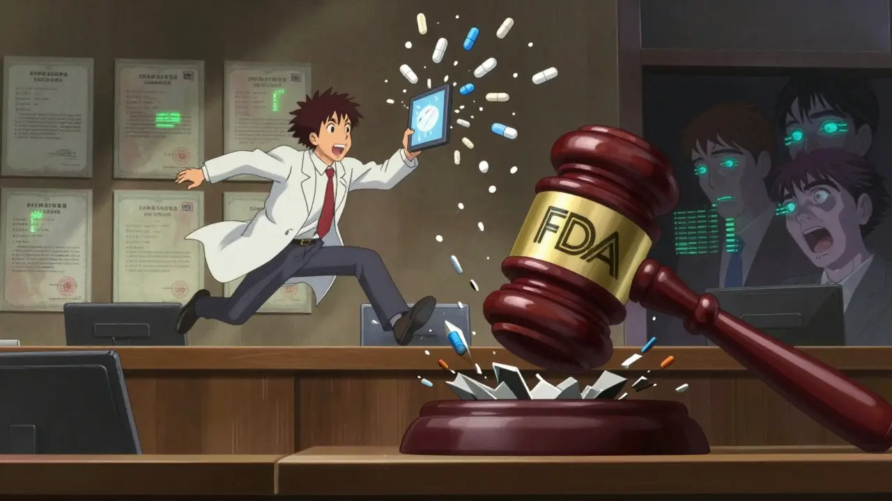 A dramatic courtroom battle with exploding pills and a shattered generic symbol, rendered in dynamic anime style.