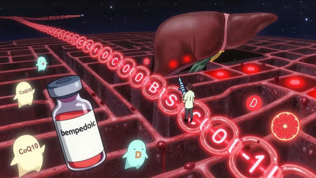 A genetic strand maze with muscle cells and floating medication icons, symbolizing personalized statin sensitivity and alternative treatments.