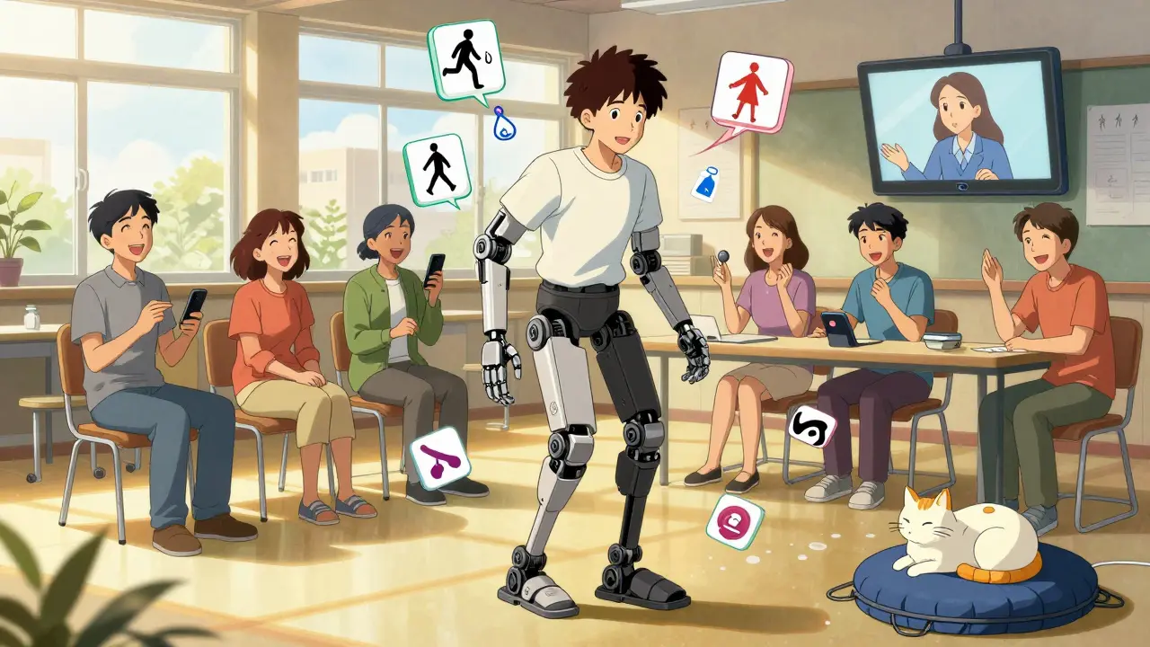 A group of SCI survivors in a community center using assistive devices, with floating memories and support icons in warm sunlight.