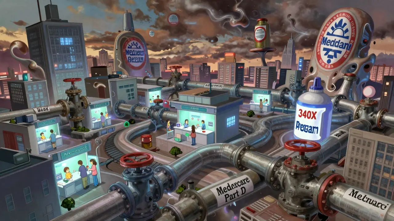 A living network of healthcare programs flowing beneath hospitals, with patients receiving discounted pills from glowing clinics.