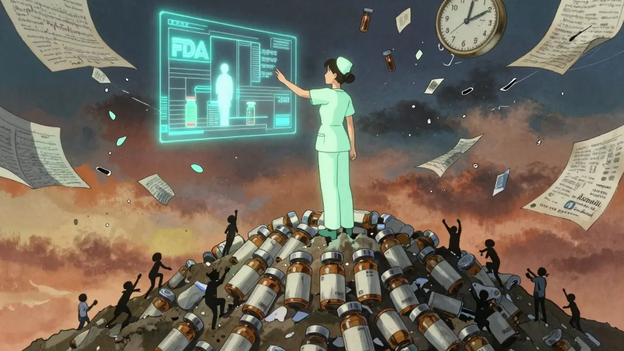 A nurse atop a mountain of empty vials reaching for a fading FDA portal.