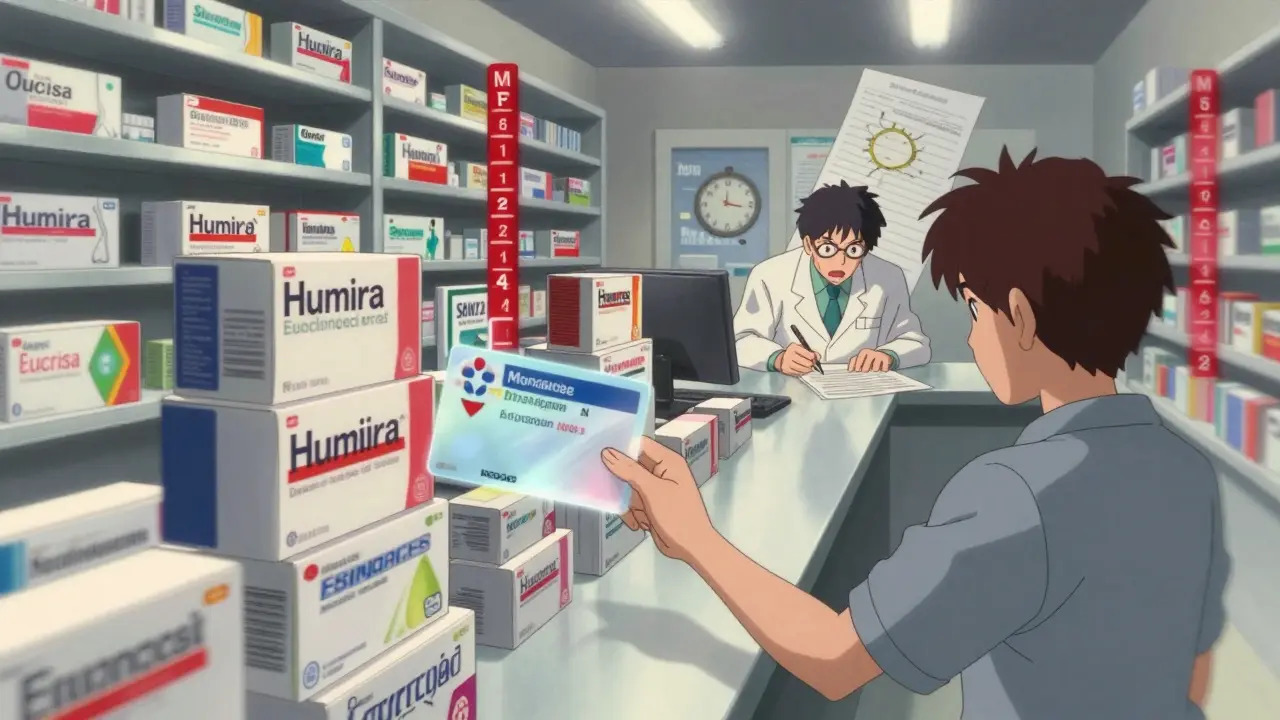 A patient reaching for medicine blocked by a Medicare card, in a surreal pharmacy scene with melting forms.