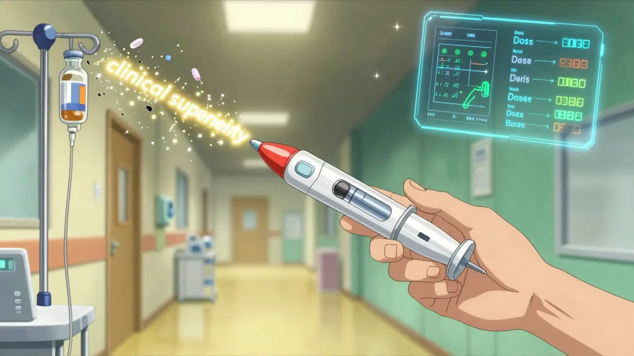 A patient receiving a transforming injector that launches into a starfield of drug molecules, symbolizing innovation.
