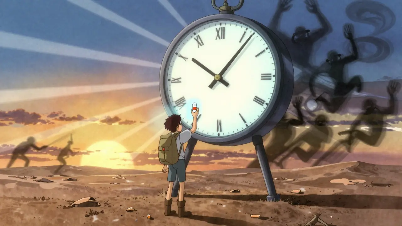 A person at dawn holding melatonin as a giant circadian clock glows, with shadowy sleep aid figures looming behind.