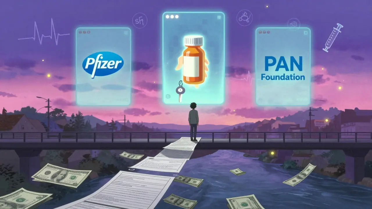 A person on a bridge of paperwork above a river of cash, with glowing portals offering help in vibrant anime style.