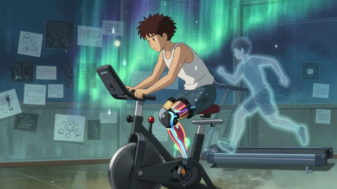 A person on an FES bike with electric currents flowing through their legs, floating sweat orbs and a ghost-image of them running.