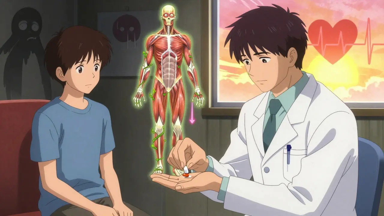 A person receiving a half-dose statin pill as healing energy flows through their muscles, with dark fear and bright recovery sides in the background.