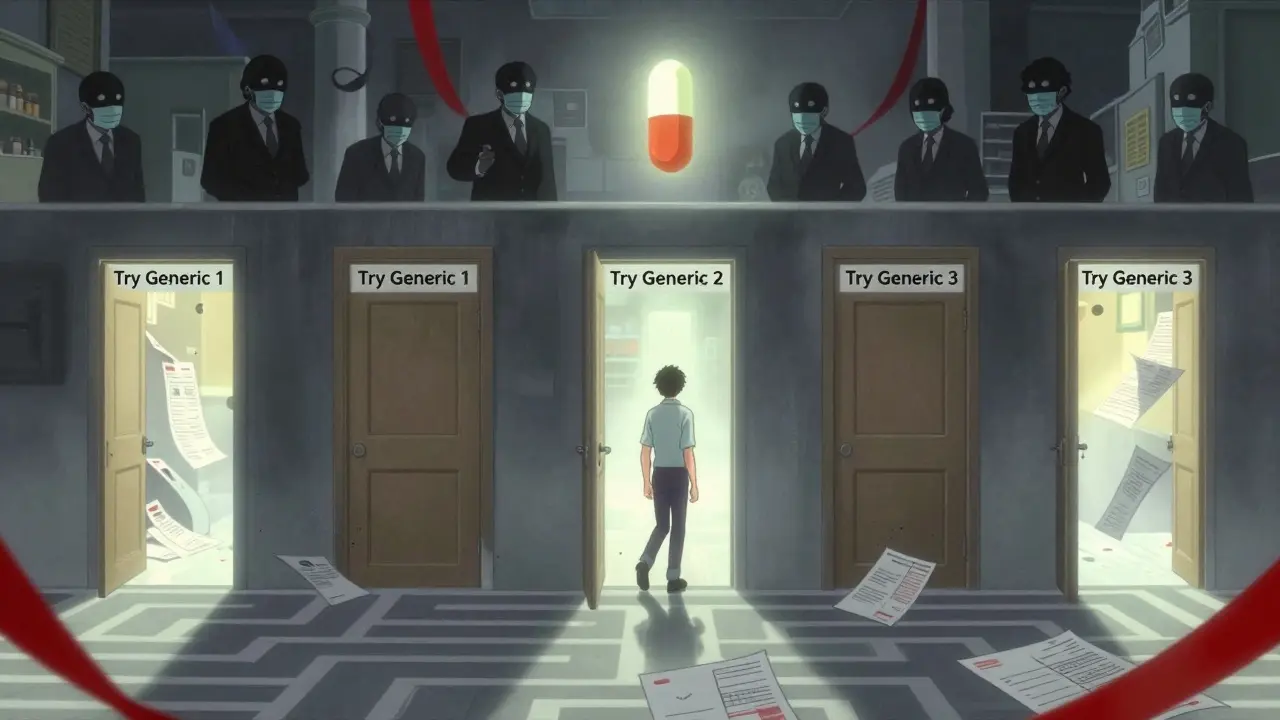 A person trapped in a surreal maze of generic drug trials, with shadowy figures watching, as a distant brand-name pill glows beyond barriers of paperwork.