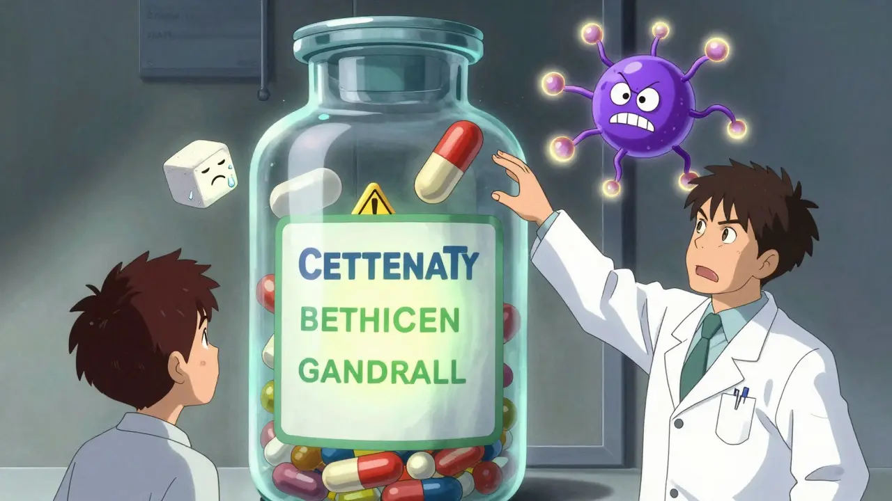 A pharmacist's hand reaching into a bottle filled with expressive, anthropomorphic excipient characters.