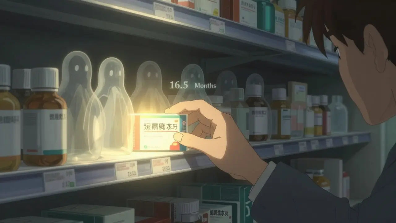 A pharmacy shelf with ghostly generic drugs behind a glowing brand-name product, out of reach for a patient.