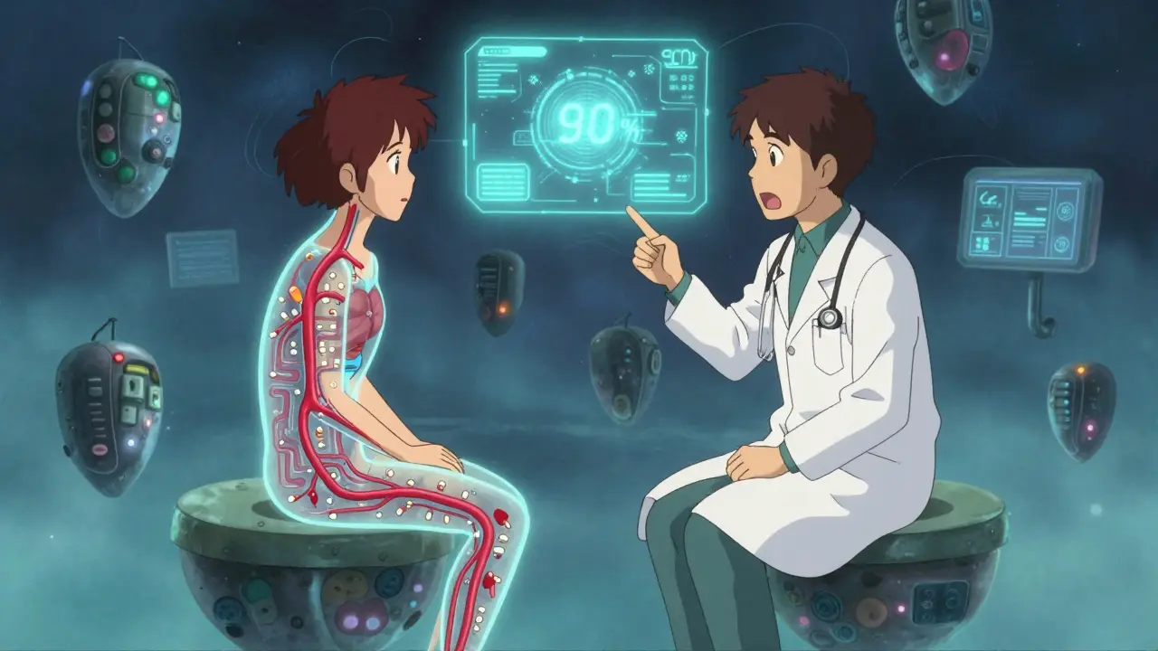 A transparent body revealing medication effects vs. disease, with an AI interface predicting side effects in anime style.