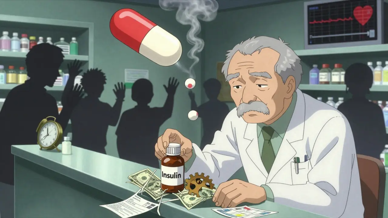 An elderly man at a pharmacy, tangled in money and clock gears, reaching for insulin as a pill dissolves into smoke above.