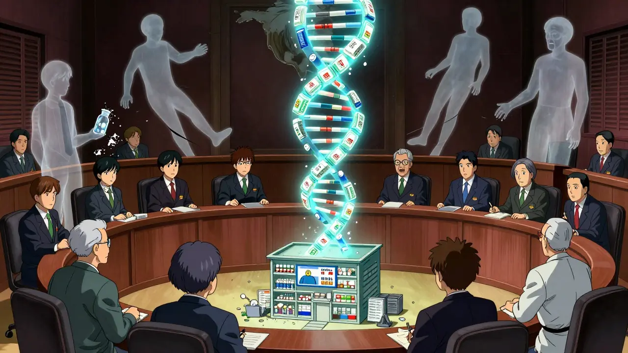 Digital drug chain spiraling in courtroom with collapsing patient silhouettes.