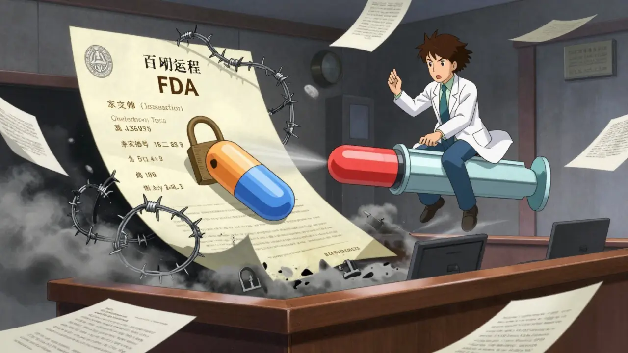 FDA scientist riding a syringe through collapsing patent documents in a surreal courtroom.
