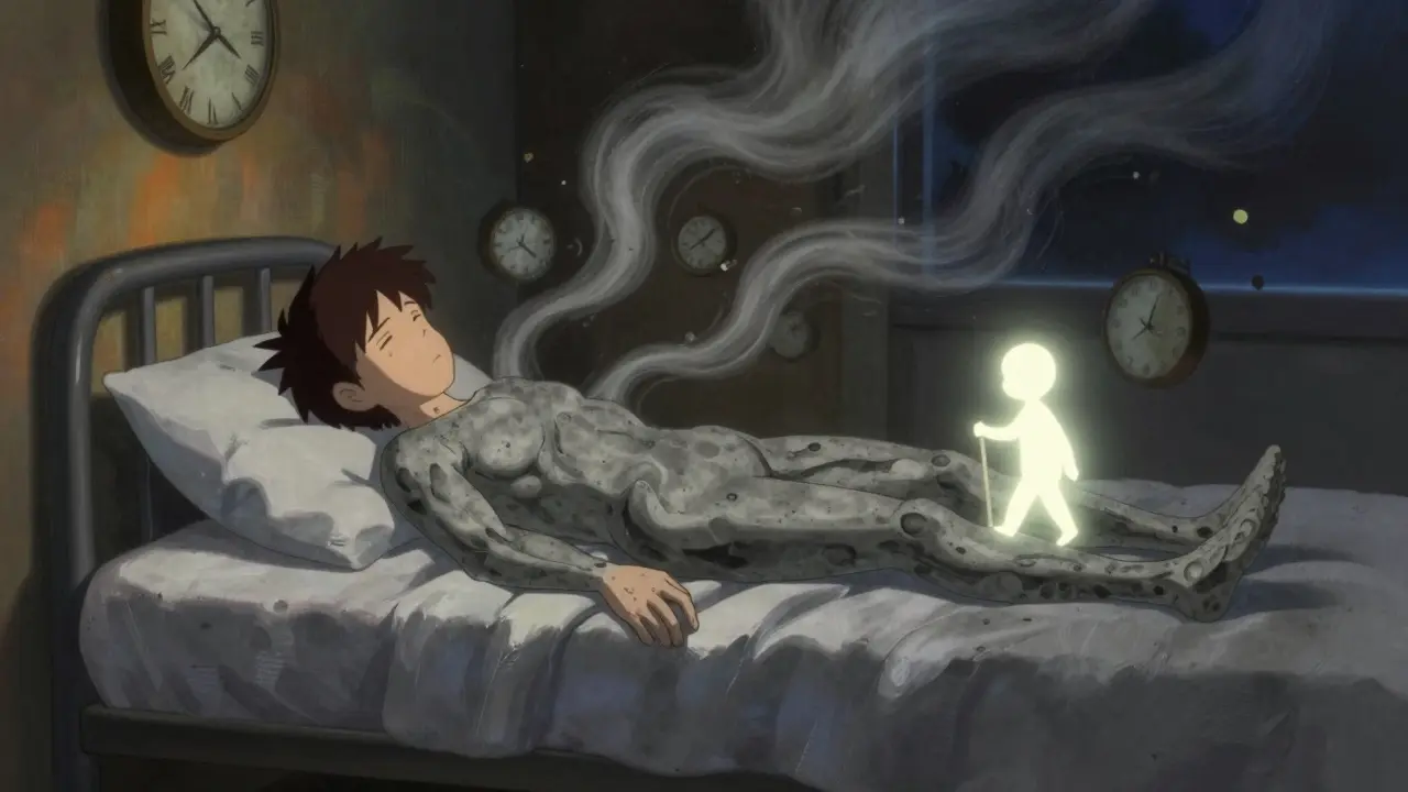 Figure weighed down by concrete shadows representing radiation fatigue, with a glowing version walking beside them.