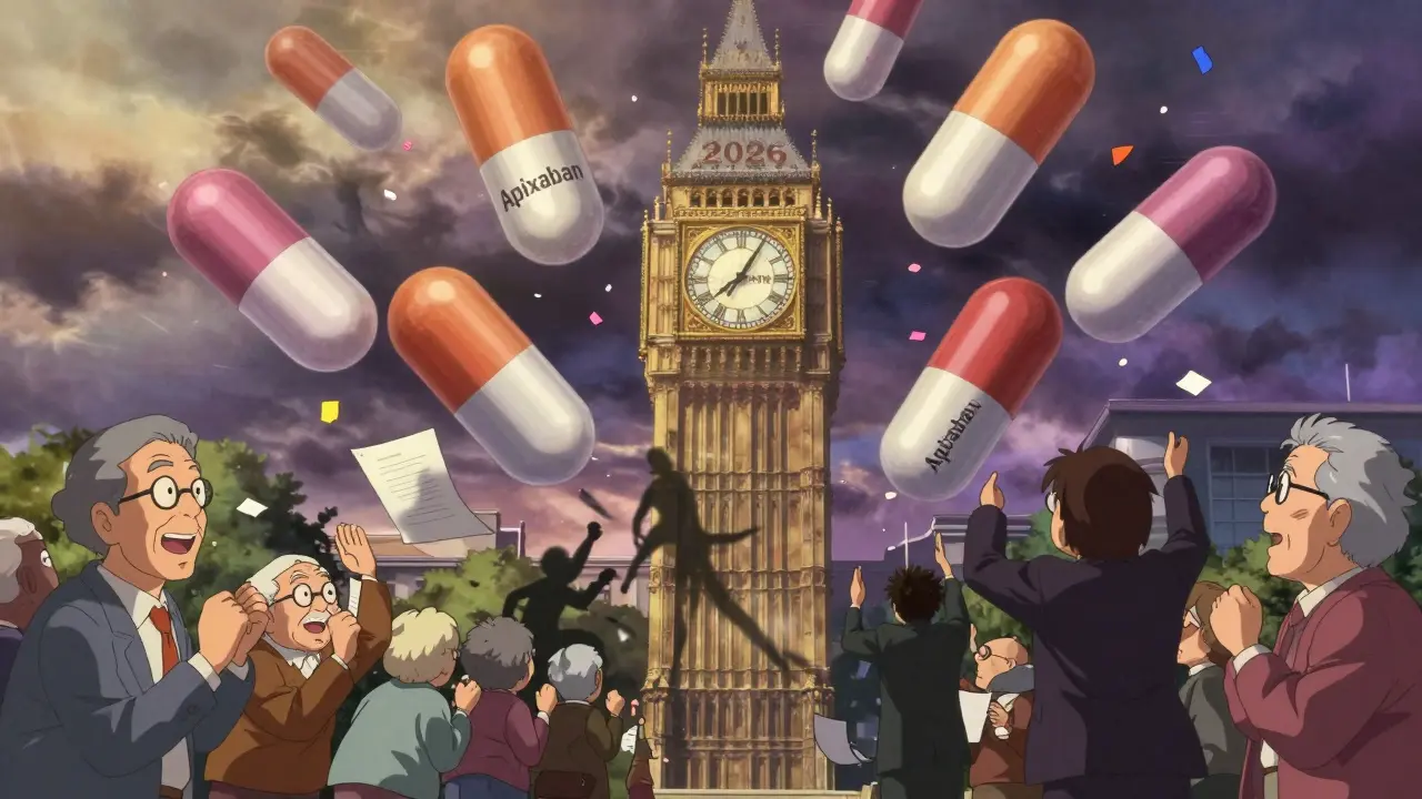 Giant generic drug capsules falling from a 2026 clocktower as Medicare beneficiaries celebrate prices collapsing into confetti.
