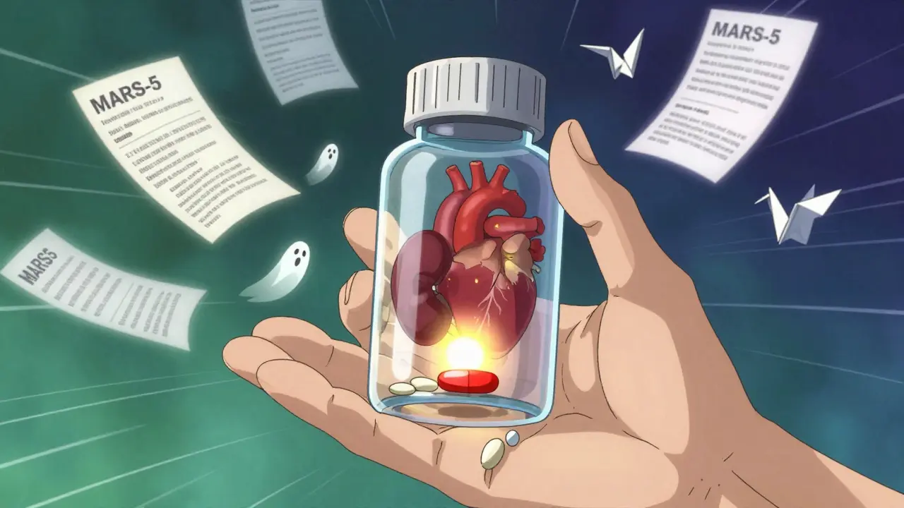 Hand holding a glowing pill with ghostly missed doses drifting away, internal organs visible.