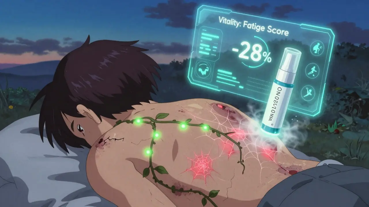 Healing skin with glowing veins and floating digital fatigue tracker, surrounded by symbols of recovery and new treatment.