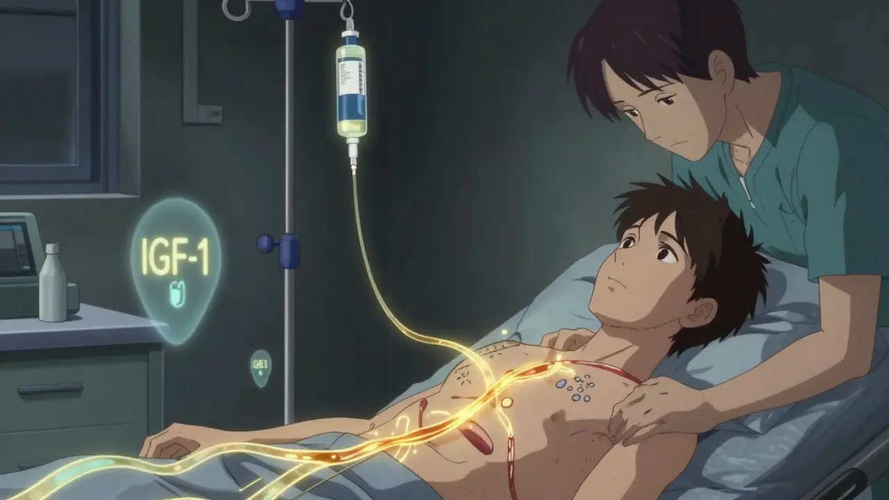 Patient receiving IV infusion with golden biological tendrils flowing into bloodstream.