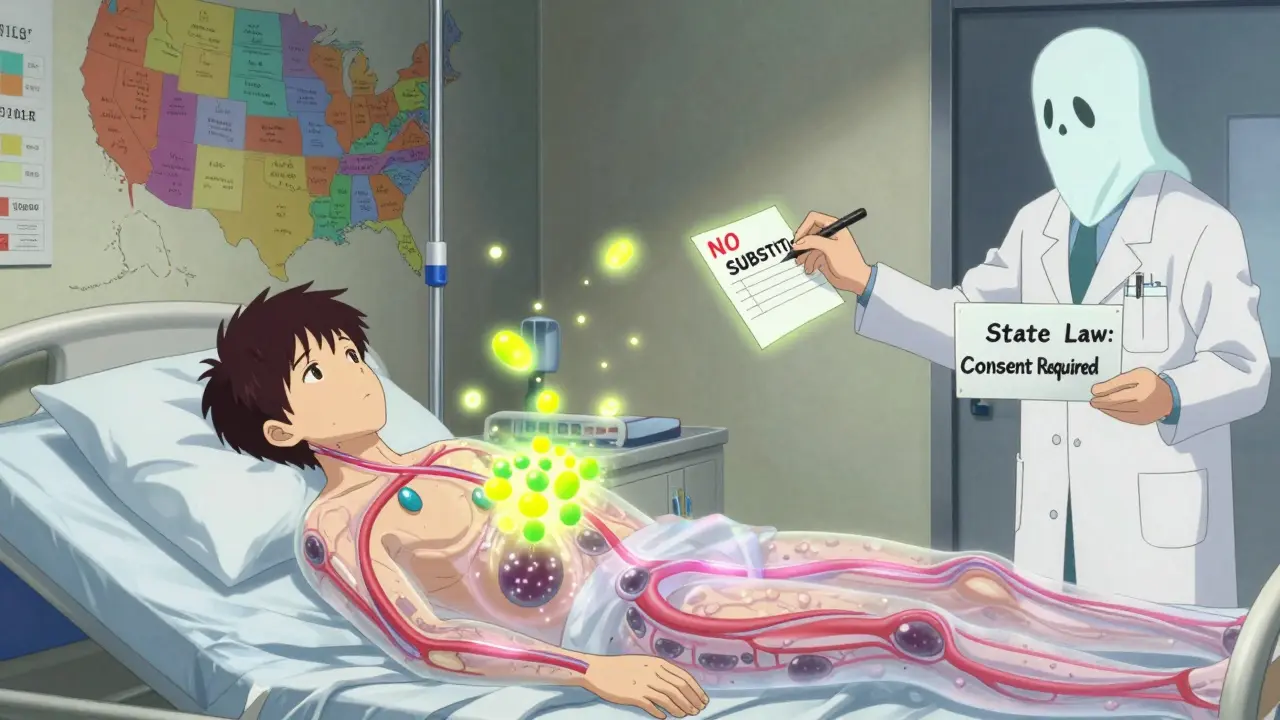 Patient’s translucent body showing unstable blood molecules, doctor writing 'NO SUBSTITUTION' prescription.