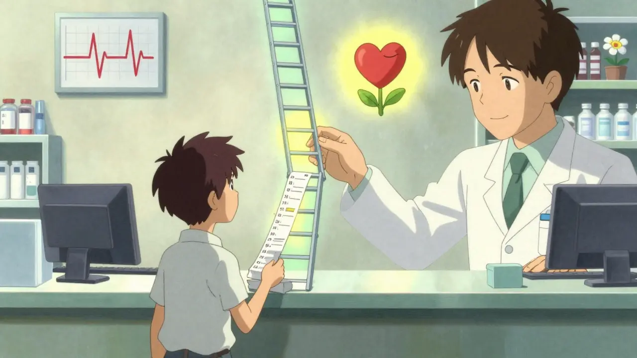 Person at pharmacy with refill receipt turning into a ladder of days, symbolic health icons above.