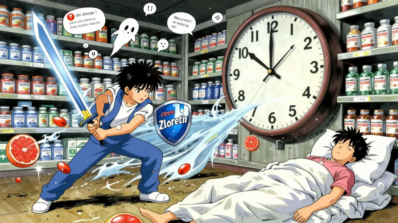 Pharmacy shelf turned battlefield with pills as warriors, fighting pollen monsters and avoiding grapefruit juice projectiles.