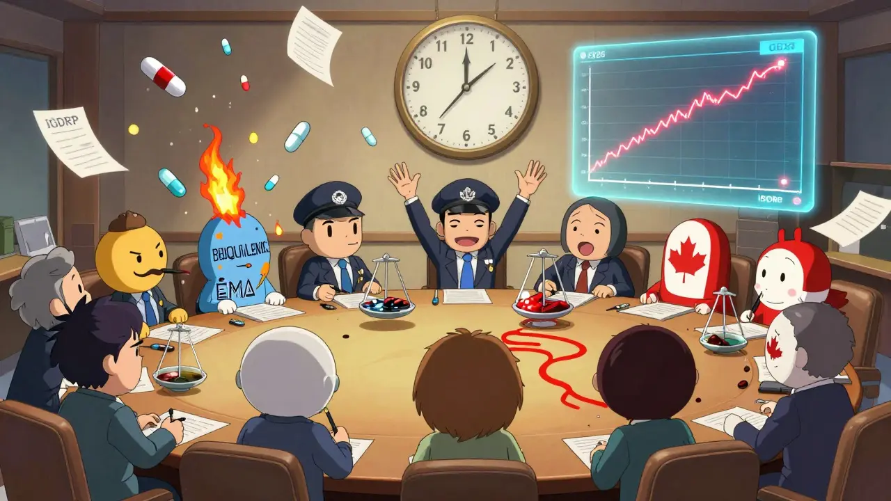 Regulators from global agencies arguing over melting bioequivalence scales in a chaotic meeting room.